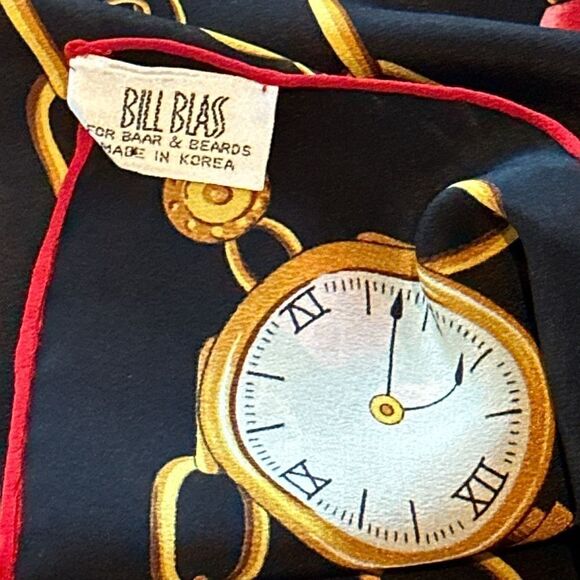 Vintage BILL BLASS SILK  roses, pocket watches, chain scarf-black red gold - Picture 8 of 9